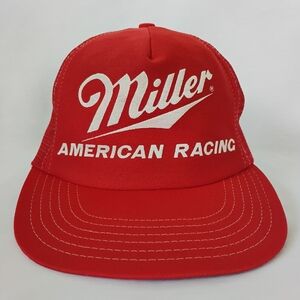 Vintage 80s Red Miller American Racing NASCAR Perforated Trucker Hat Sports Cap